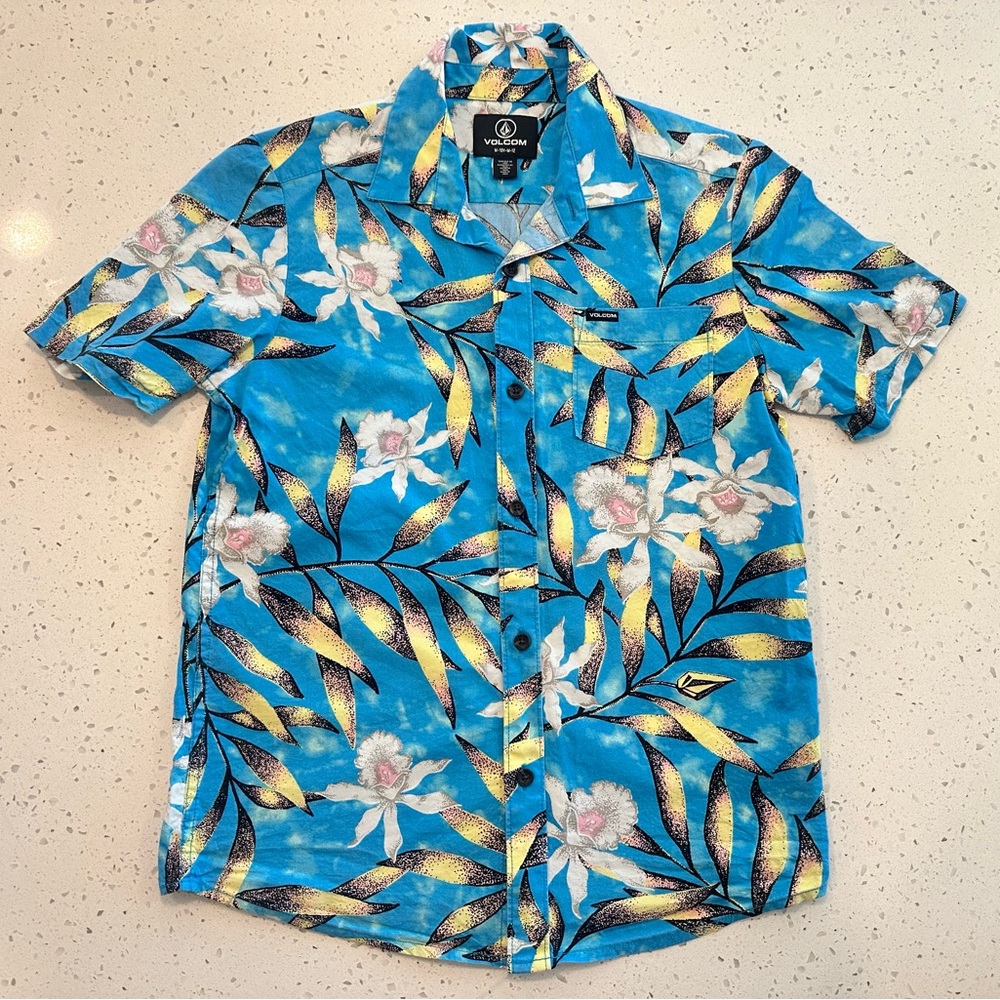 Volcom Blue and Yellow Casual Button Down Shirt with Tropical Print